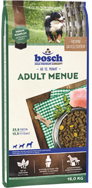 Bosch Adult Menue dry food for dogs- sausā barība suņiem 15kg Cena norādīta par 1 gb. un ir spēkā pasūtot 2 gb.